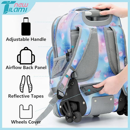NEW TILAMI 18 Inch Rolling Backpack with Wheels for Girls Boys Kids Laptop Backpack School Travel, Purple Star