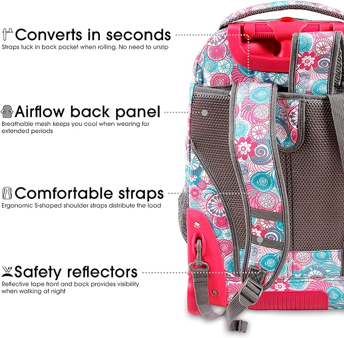 J World Sundance Laptop Rolling Backpack for Girls Boys. Roller Bookbag with Wheels, Blue Raspberry