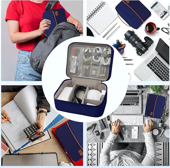 Electronics Organizer,Travel Cord Organizer Pouch, Portable Cable Organizer Bags, Waterproof Electronic Accessories Storage Case for Cables, Cords, Charger, Phone (Double Layer-NavyBlue)