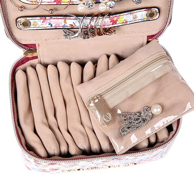 Angelina's Palace Jewelry Organizer Case Bridesmaid Gifts Travel Bag Vegan Leather Box for Necklace Earring Bracelet Ring(blossom wine)