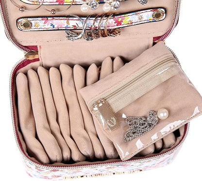 Angelina's Palace Jewelry Organizer Case Bridesmaid Gifts Travel Bag Vegan Leather Box for Necklace Earring Bracelet Ring(blossom wine)