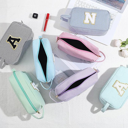 YOOLIFE Initial Cosmetic Bag for Women - Monogram Cute Blue Makeup Bag Cosmetic Toiletry Pouch Make Up Case for Women Her Best Friend Friendship Sister Teacher, Personalized Birthday Gifts for Women I