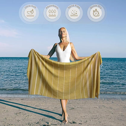 Turkish Beach Towel Quick Dry & Soft Oversized (39" x 71") - Compact, Versatile and Functional as Yoga Mat, Picnic and Travel Blanket, Cruise and Bath Towels - Mustard