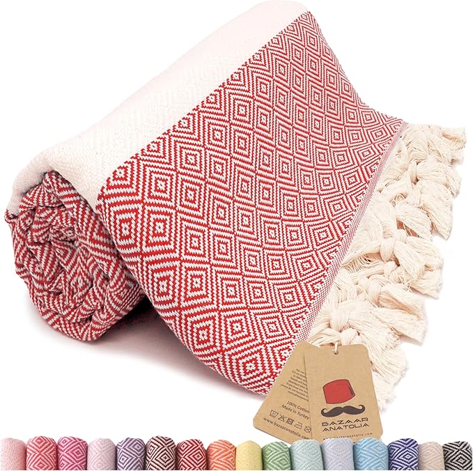 Bazaar Anatolia Turkish Beach Towel – 100% Cotton, Quick Dry, Sand Free Towel for Bathroom, Camping, Travel – Oversized 71x39 Inches – Diamond Red