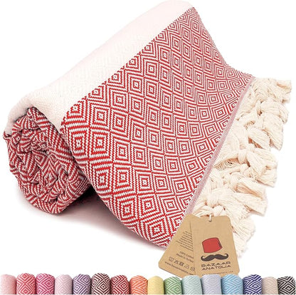 Bazaar Anatolia Turkish Beach Towel – 100% Cotton, Quick Dry, Sand Free Towel for Bathroom, Camping, Travel – Oversized 71x39 Inches – Diamond Red