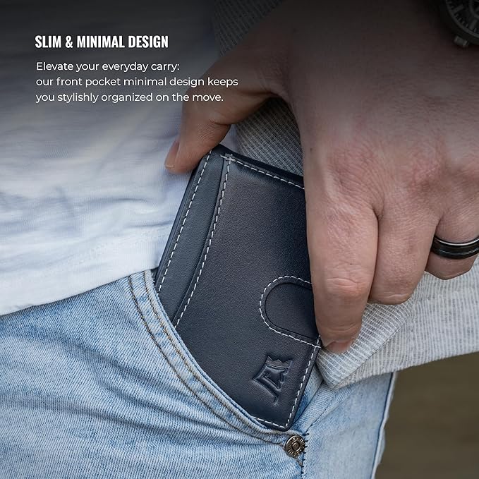 Kings Loot Money Clip Slim Minimalist Wallet for Men – RFID Blocking Leather Design with Money Clip – Front Pocket Bifold Holds 12 Cards – Stylish & Compact Wallets (Blue)