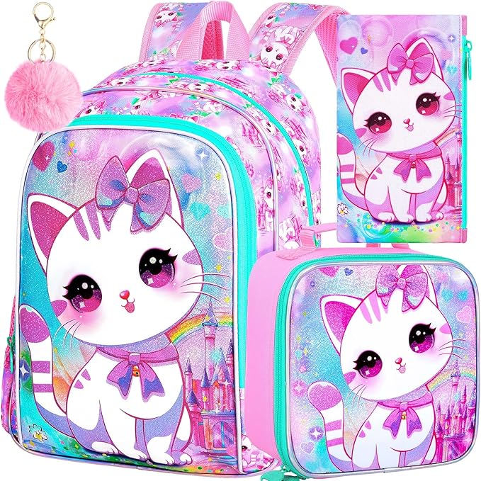 WZLVO 3PCS Cat Backpack for Girls, 16'' Kids Preschool Bookbag with Lunch Box, Cute Animal Water Resistant School Bag for Elementary Kindergarten Toddler