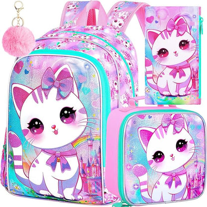 WZLVO 3PCS Cat Backpack for Girls, 16'' Kids Preschool Bookbag with Lunch Box, Cute Animal Water Resistant School Bag for Elementary Kindergarten Toddler