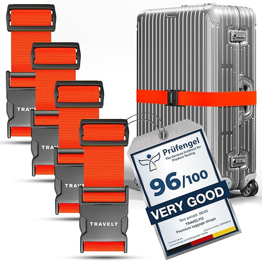 TRAVELY Luggage Straps - Particularly conspicuous & Secure - Incl. 4 Name Tags - Luggage Strap Ideal crosswise - [Set of 4]