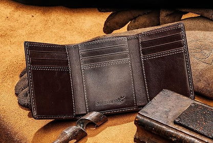 House of Jack Co. Dutton RFID Trifold Wallet for Men with Flip Out ID, Full Grain Cowhide Leather Wallet, Brown
