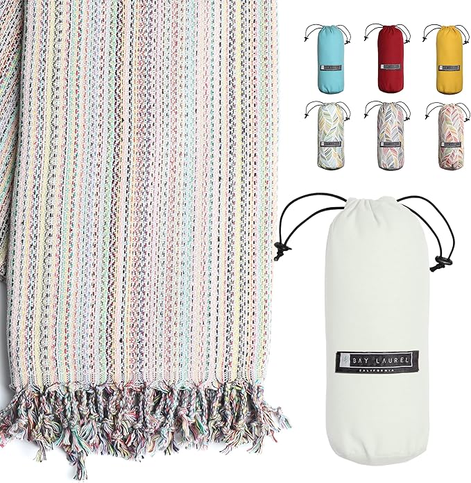 BAY LAUREL Turkish Beach Towel with Travel Bag 39 x 71 Quick Dry Sand Free Lightweight Large Oversized Towels Light