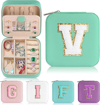 Parima Travel Jewelry Case for Women Girls, H Initial Jewelry Boxes | Small Jewelry Box Organizer | Jewelry Box for Women | Travel Gifts for Girls - Letter V, Blue