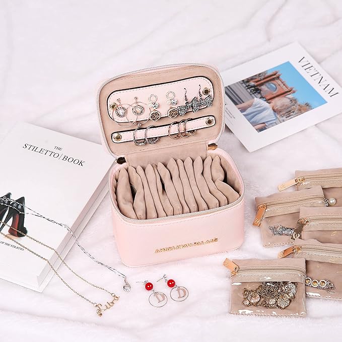 Angelina's Palace Jewelry Organizer Case Bridesmaid Gifts Travel Bag Vegan Leather Box for Necklace Earring Bracelet Ring(soft pink)
