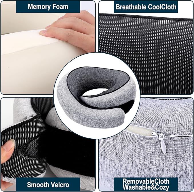 Travel Neck Pillow for Airplanes, 100% Memory Foam Neck Pillow for Sleeping, 360° Neck Support Pillow, Compact and Ergonomic Design for Travel, Car Rides, Airport (Light Grey)