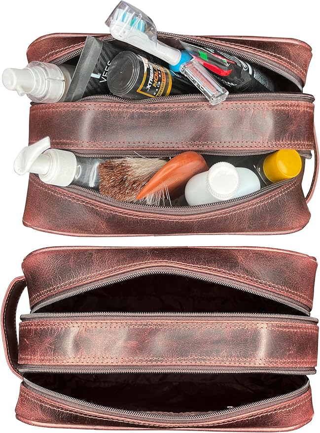 RUSTIC TOWN Leather Toiletry Bag for Men - Travel Shaving Ditty Kit - Bathroom Shower Toiletries Organizer - Leather Cosmetic Bag for Women (Walnut Brown)