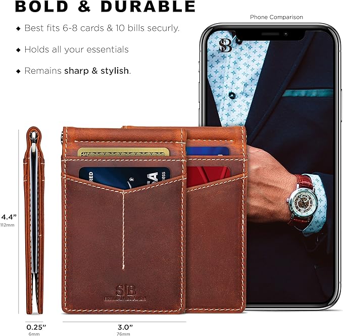 SERMAN BRANDS RFID Blocking Wallet Slim Bifold - Genuine Leather Minimalist Front Pocket Wallets for Men with Money Clip Gift (Canyon Red)