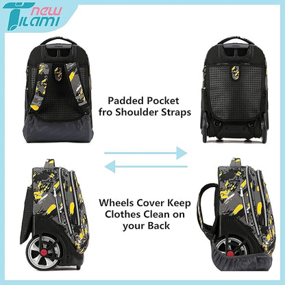 NEW TILAMI 19 Inch Rolling Backpack with Lunch Bag for Girls Boys Wheeled Laptop Backpack Durable Carry-on Bag School Travel, Doodle Yellow