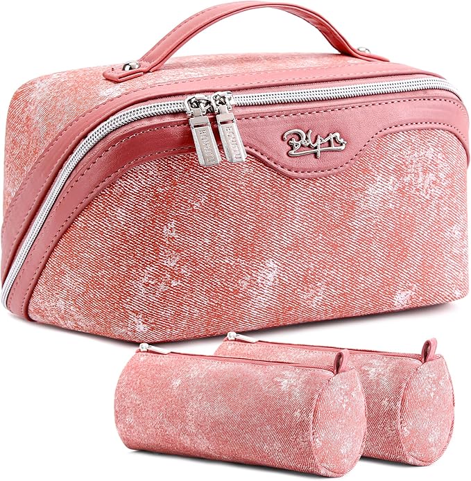 BOYATU Travel Makeup Bag Cosmetic Bags for Women: 3 Sets Large Capacity Make up Bag - Portable Toiletry Bags with Handle for Women(F-5-Rosy Red)
