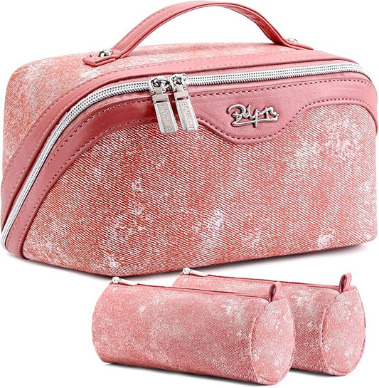 BOYATU Travel Makeup Bag Cosmetic Bags for Women: 3 Sets Large Capacity Make up Bag - Portable Toiletry Bags with Handle for Women(F-5-Rosy Red)