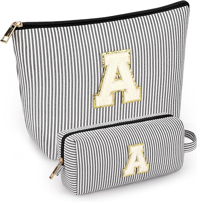 2 PCS Initial Makeup Bags for Women: Cosmetic Bag for Travel Toiletry - Birthday Gifts for 11 12 13 14 15 16 17 18 Years Old Girl Graduation Teacher Gift- Teen Girl Gifts Trendy Stuff - Black A