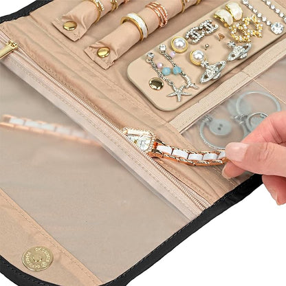 Pavilia Foldable Jewelry Organizer - Travel Roll Bag with Compartments for Earrings, Rings, Necklaces, Bracelets - Packing Accessory