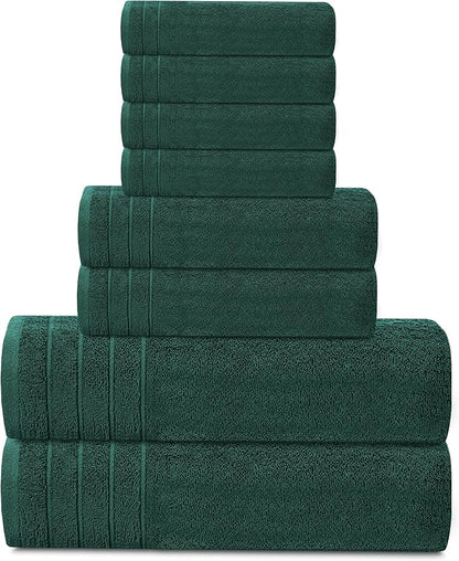 Tens Towels Pack of 8 Towels Set, 2 Extra Large Bath, 2 Hand, 4 Washcloths, 100% Cotton, Lighter Weight, Quicker to Dry, Super Absorbent, Perfect for Bathroom, Hunter Green