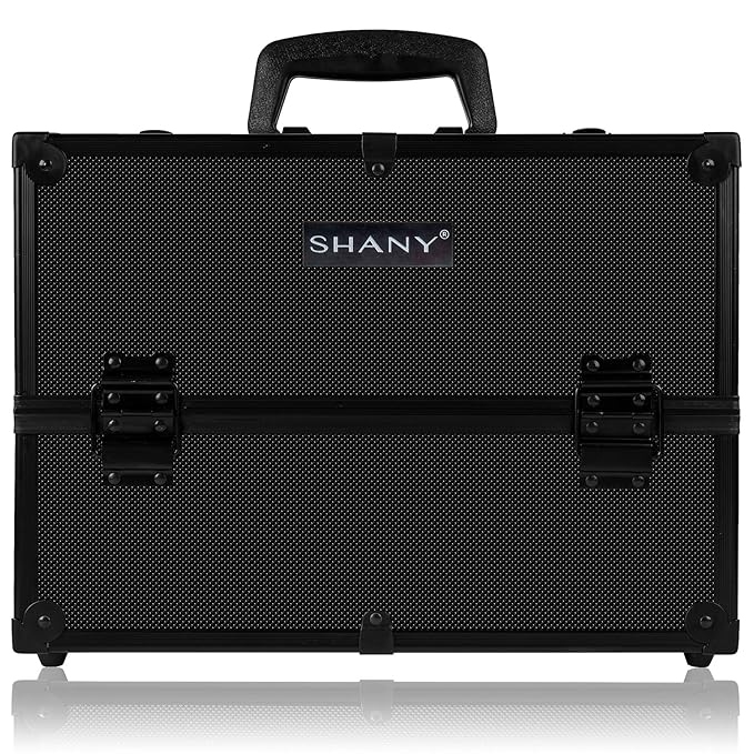 SHANY Essential Pro Makeup Train Case Cosmetic Box Portable Makeup Case Cosmetics Beauty Organizer Jewelry storage with Locks, Multi Compartments Makeup Box and Shoulder Strap - All Black
