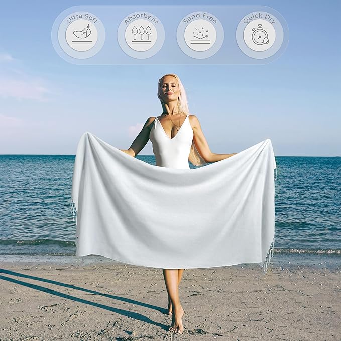 Turkish Beach Towel Absorbent & Quick Dry Oversized (39" x 71") - Decorative, Versatile and Functional as Beach Blanket, Yoga, Gym, Pool, Swim and Bath Towel - Ecru