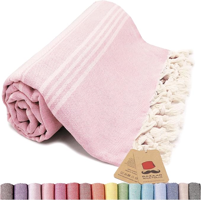 Bazaar Anatolia Turkish Beach Towel – 100% Cotton, Quick Dry, Sand Free Towel for Bathroom, Camping, Travel – Oversized 71x39 Inches – Stripe Pink