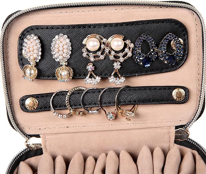 Angelina's Palace Jewelry Organizer Case Bridesmaid Gifts Travel Bag Vegan Leather Box for Necklace Earring Bracelet Ring(black)