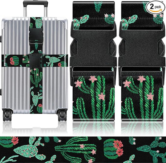 Slohif Luggage Straps for Suitcases Travel Belt Accessories Luggage Connector Identifiers Over Handle with Buckle Unique Boho Nylon Adjustable Strap for Sleeping Bag Car Seat Cactus (2 Pack)