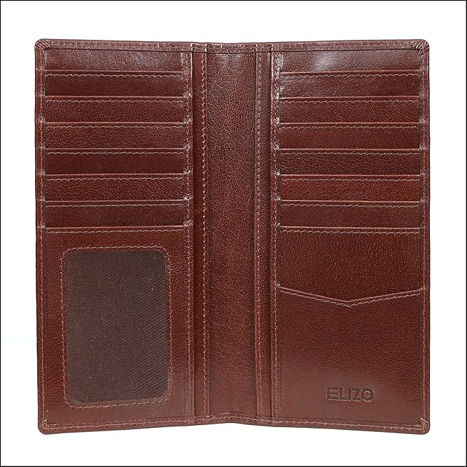 ELIZO Men's Genuine Leather Long Wallet - RFID Blocking Rodeo Checkbook Wallet | Slim Western Bifold Wallet with 16 Card Slots, ID Window | Top Grain Leather Cowboy Wallet