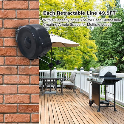 JS HANGER Retractable Clothesline Outdoor Indoor Laundry Line - 99 FT Double Lines Heavy Duty Wall Mounted Washing Line, Portable Clothes Drying Line with 24pcs Free Pegs (Black)