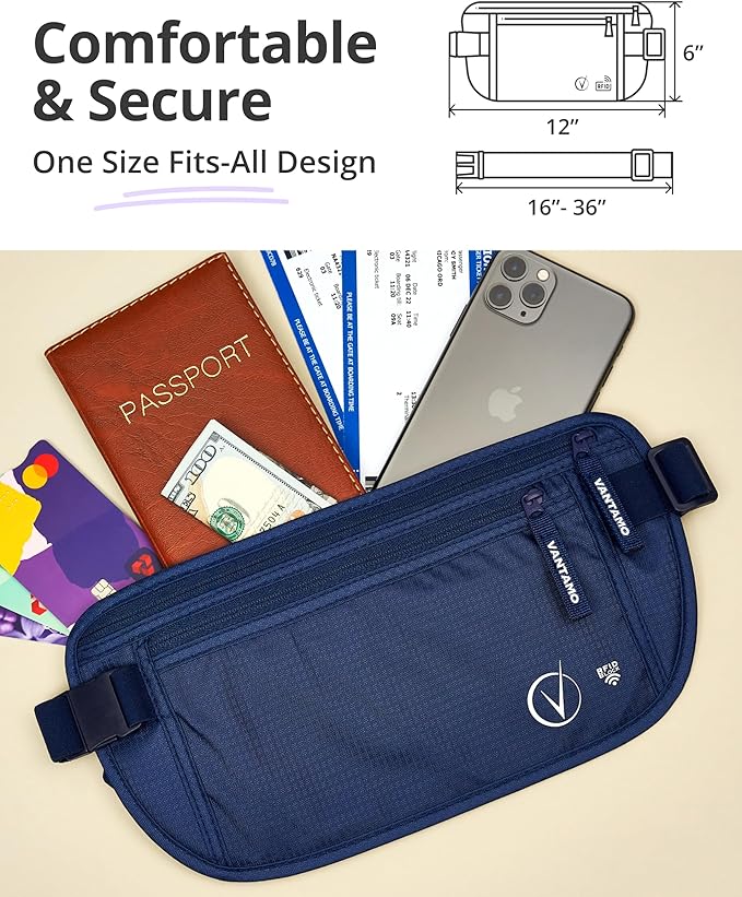 Vantamo Money Belt with RFID For Men & Women, Hidden Passport Holder for Travel, 2 Compartment Travel Fanny Pack for Women Anti Theft