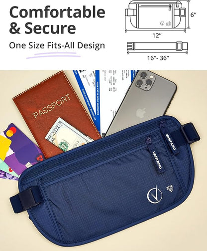 Vantamo Money Belt with RFID For Men & Women, Hidden Passport Holder for Travel, 2 Compartment Travel Fanny Pack for Women Anti Theft
