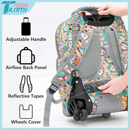 NEW TILAMI Rolling Backpack for Boy Suitcase School Adjustable Laptop Backpack with Wheels for Girl to School Travel Camping Boys Backpack Cute Cats 18 Inches