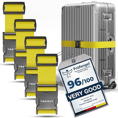 TRAVELY Luggage Straps - Particularly conspicuous & Secure - Incl. 4 Name Tags - Luggage Strap Ideal crosswise - [Set of 4]