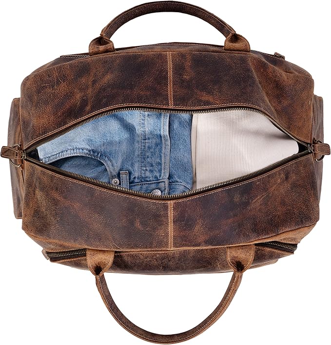KomalC Leather Travel Duffel Bags for Men and Women - Full Grain Overnight Weekend Sports Gym Duffle
