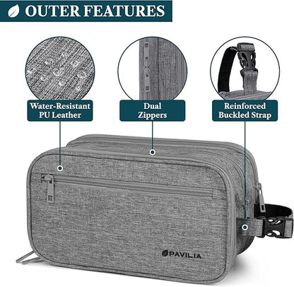PAVILIA Toiletry Bag for Men, Travel Pouch Essentials Shaving Dopp Kit, Travel Bag Toiletries Organizer Case, Cosmetic Make Up Accessory, Water Resistant