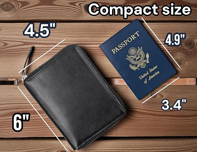 Passport Wallet - Travel Document Holder w/RFID Blocking – Full Grain Leather – Bifold compact zip around Wallet with Credit Card Slots for Women and Men, black, 500-90