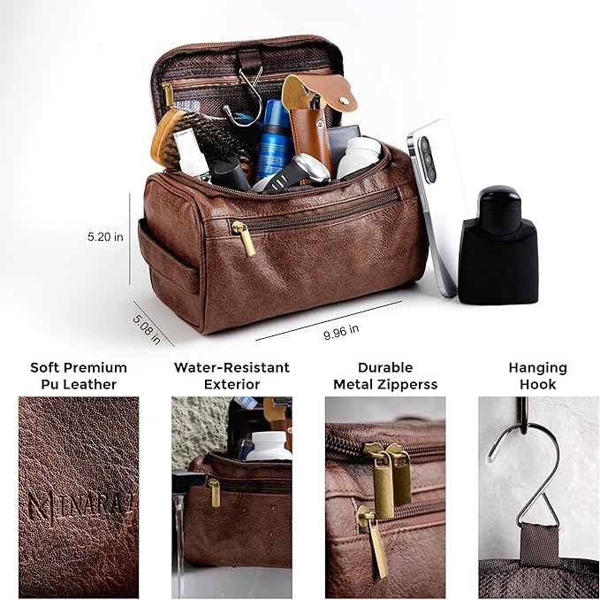 Mens Toiletry Bag with Razor Case Included – Reinforced Stitching, Padded Panels, Holds Shape Trip After Trip, Ideal for Tight Hotel Sinks with Hook, Built for Men Who Travel Hard – DARK BROWN