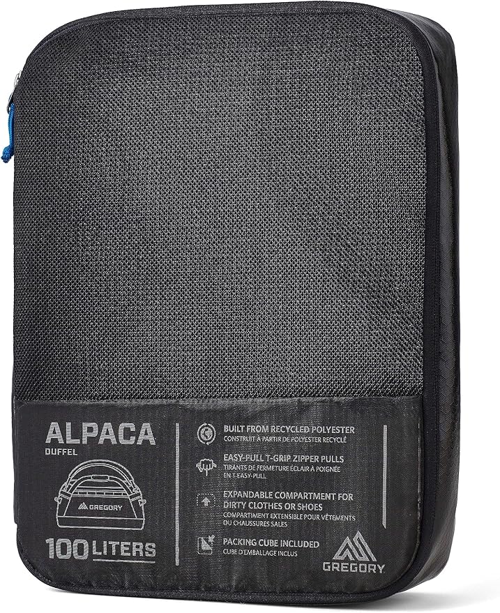 Gregory Alpaca 100L Water-Resistant Travel/Gear Organization Duffel Bag with included Packing Cube, Obsidian Black