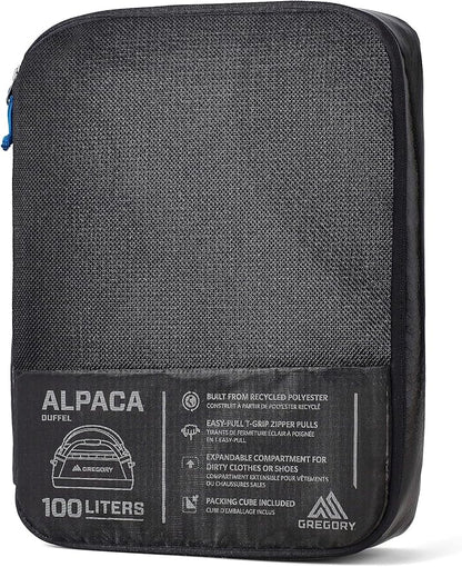 Gregory Alpaca 100L Water-Resistant Travel/Gear Organization Duffel Bag with included Packing Cube, Obsidian Black