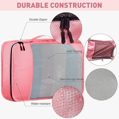 8-Piece Packing Cubes for Travel, Mesh Luggage Organizers with Shoe Bag, Toiletry Bag, Laundry Pouches, 4 Sizes (XL/L/M/S) for Suitcase Organization, Men Women Kids, Pink