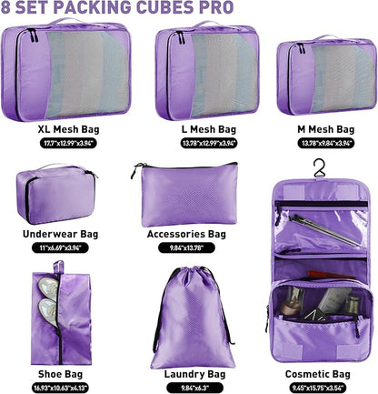 8-Piece Packing Cubes for Travel, Mesh Luggage Organizers with Shoe Bag, Toiletry Bag, Laundry Pouches, 4 Sizes (XL/L/M/S) for Suitcase Organization, Men Women Kids, Purple