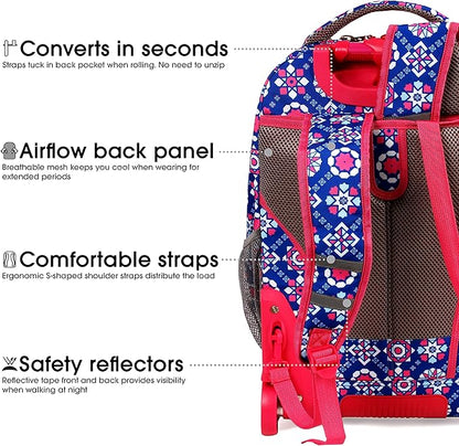 J World Sundance Laptop Rolling Backpack for Girls Boys. Roller Bookbag with Wheels, Trinket