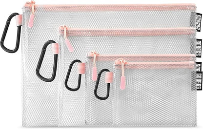 GOBAGS Air Production Multi‑Size Clear Zipper Pouch (4‑Pack) – Cable Organizer & Travel Gear Bag for Electronics, Camera Accessories, Tool Pouch & Small Tech Storage (Pink)