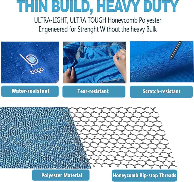 Bago Foldable Duffel Bags for Traveling Women & Men - 40L Sports Packable Duffle Bag for Travel with Shoe Compartment - Water Repellant, Heavy Duty, Lightweight Folding & Collapsible (Blue)