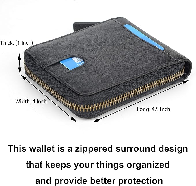 Genuine Leather Zipper Wallet With Coin Pocket, RFID Blocking Zip Around Front Pocket Bifold Wallet, Gift for Men