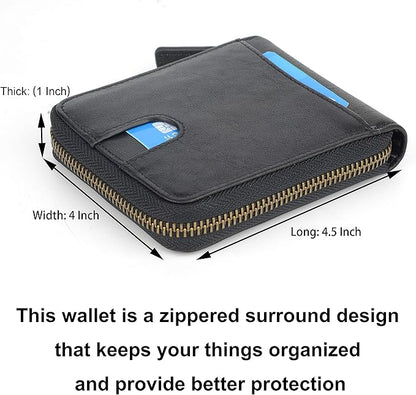 Genuine Leather Zipper Wallet With Coin Pocket, RFID Blocking Zip Around Front Pocket Bifold Wallet, Gift for Men